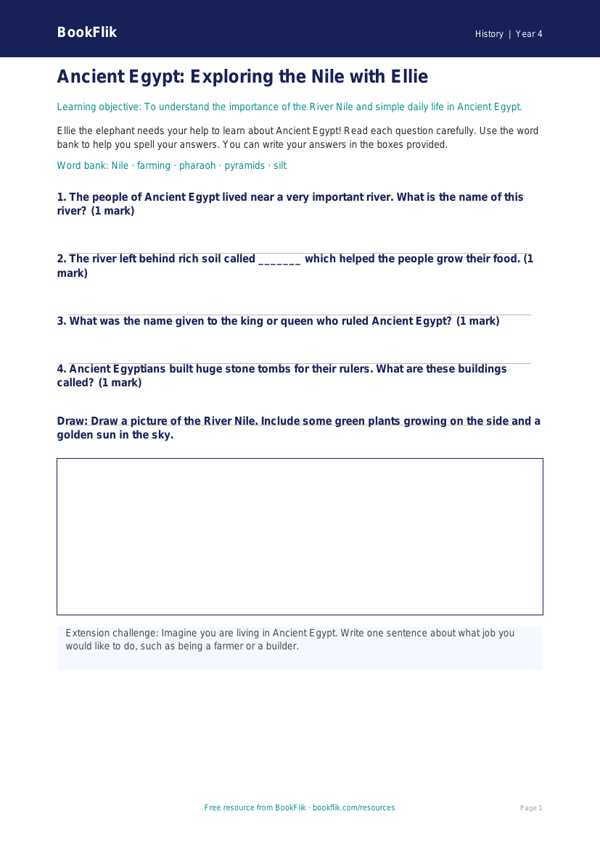 Free Ancient Egypt Worksheet | Year 4 Supported | BookFlik worksheet preview — History Ancient Egypt