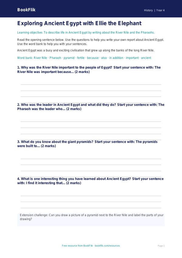 Free Ancient Egypt Writing Frame | Year 4 Supported | BookFlik worksheet preview — History Ancient Egypt