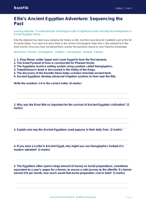 Free Ancient Egypt Activity Sheet | Year 5 Core | BookFlik worksheet preview — History Ancient Egypt