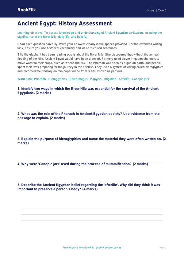 Free Ancient Egypt Assessment | Year 5 Core | BookFlik worksheet preview — History Ancient Egypt