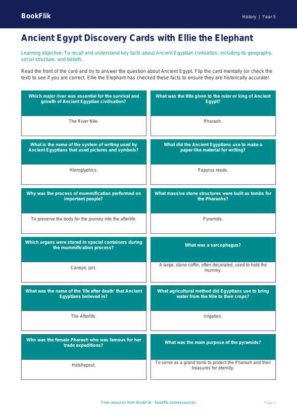 Free Ancient Egypt Flashcards | Year 5 Core | BookFlik worksheet preview — History Ancient Egypt
