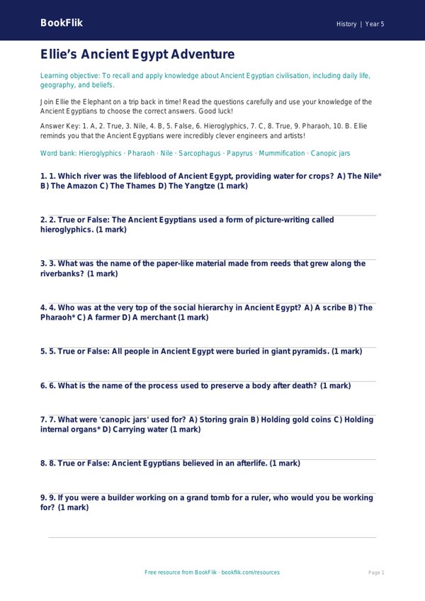 Free Ancient Egypt Quiz | Year 5 Core | BookFlik worksheet preview — History Ancient Egypt
