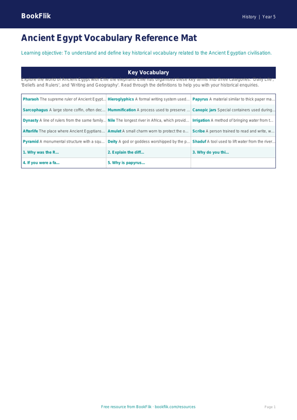 Free Ancient Egypt Word Mat | Year 5 Core | BookFlik worksheet preview — History Ancient Egypt