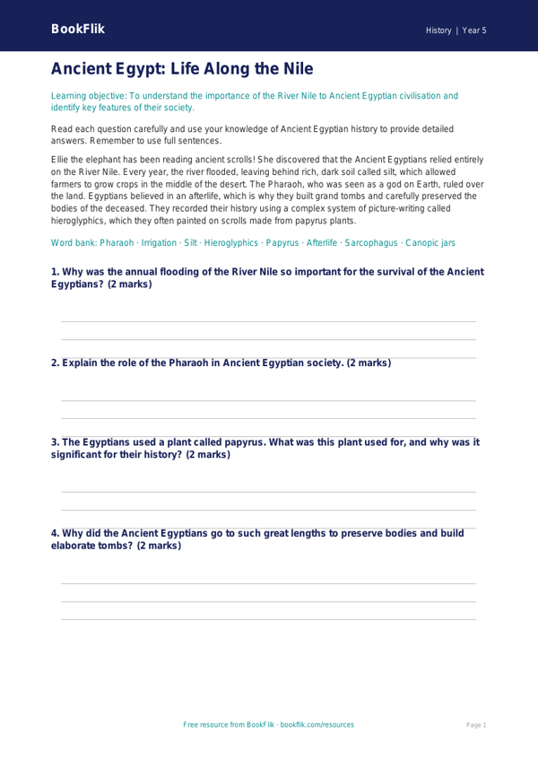 Free Ancient Egypt Worksheet | Year 5 Core | BookFlik worksheet preview — History Ancient Egypt