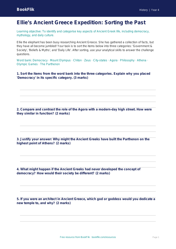 Free Ancient Greece Activity Sheet | Year 4 Greater Depth | BookFlik worksheet preview — History Ancient Greece