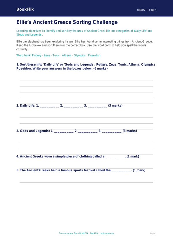 Free Ancient Greece Activity Sheet | Year 4 Supported | BookFlik worksheet preview — History Ancient Greece