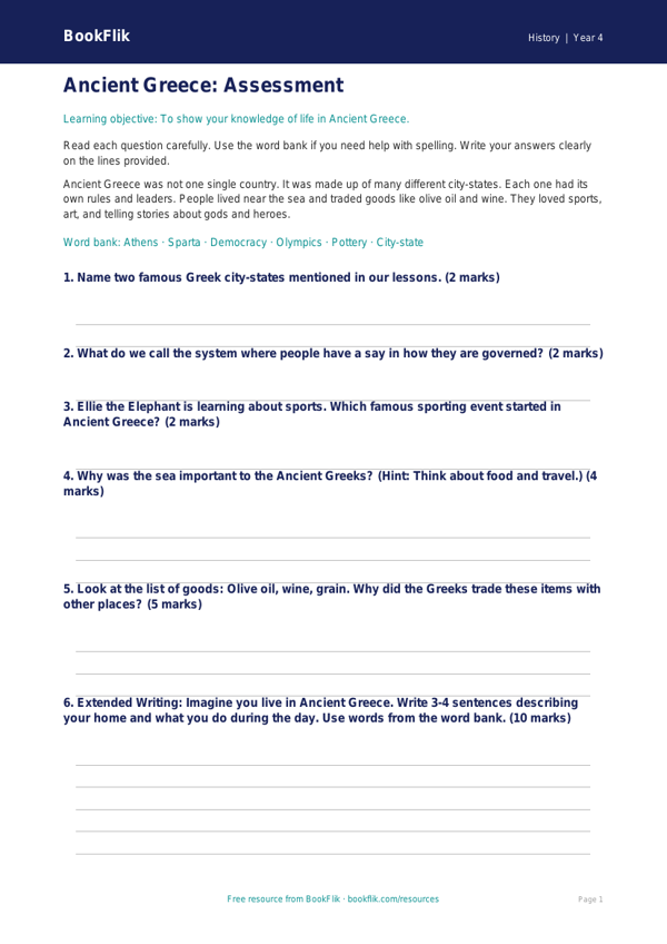 Free Ancient Greece Assessment | Year 4 Supported | BookFlik worksheet preview — History Ancient Greece