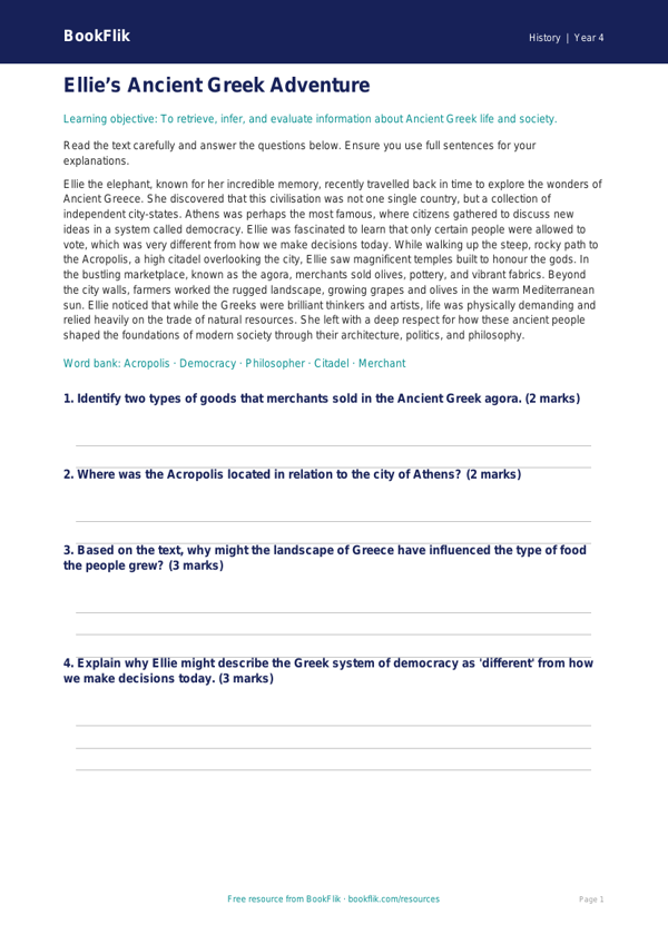 Free Ancient Greece Comprehension | Year 4 Greater Depth | BookFlik worksheet preview — History Ancient Greece