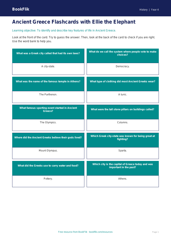 Free Ancient Greece Flashcards | Year 4 Supported | BookFlik worksheet preview — History Ancient Greece
