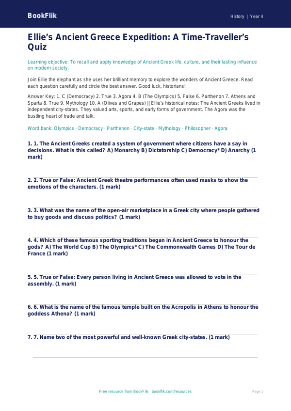 Free Ancient Greece Quiz | Year 4 Greater Depth | BookFlik worksheet preview — History Ancient Greece