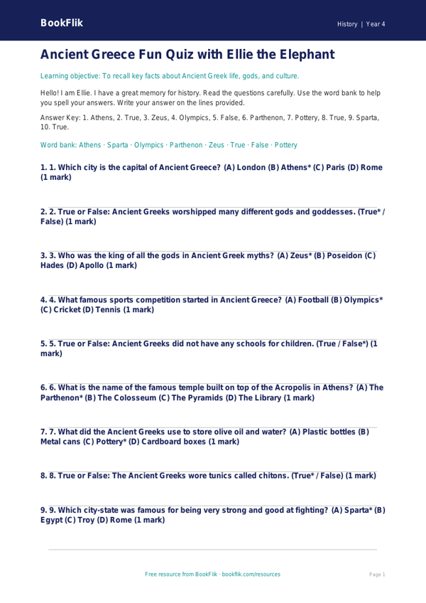 Free Ancient Greece Quiz | Year 4 Supported | BookFlik worksheet preview — History Ancient Greece