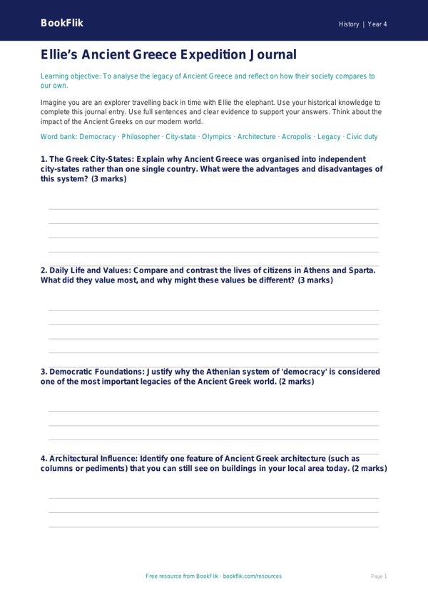 Free Ancient Greece Template | Year 4 Greater Depth | BookFlik worksheet preview — History Ancient Greece