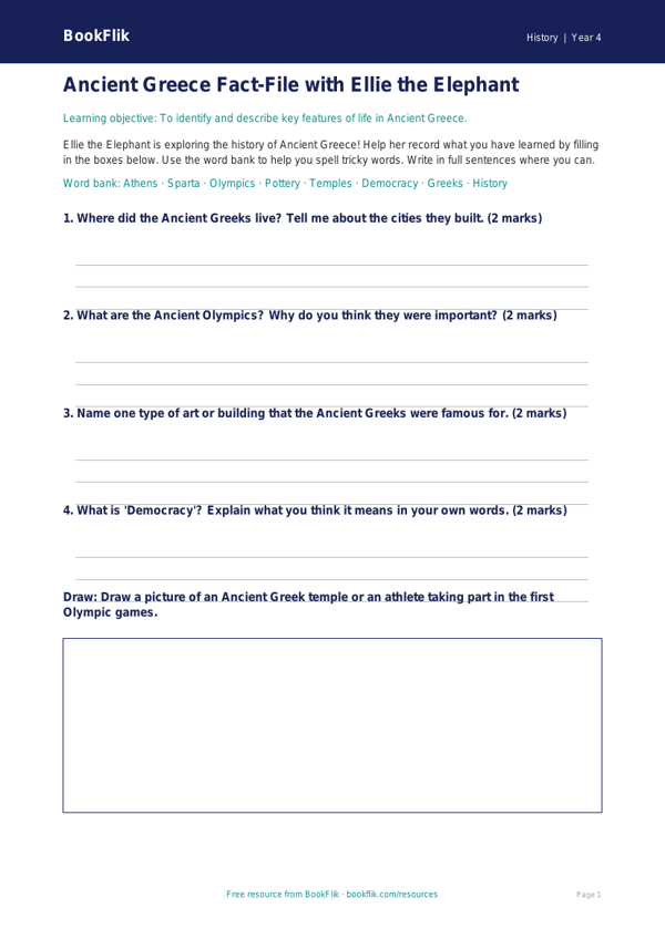 Free Ancient Greece Template | Year 4 Supported | BookFlik worksheet preview — History Ancient Greece