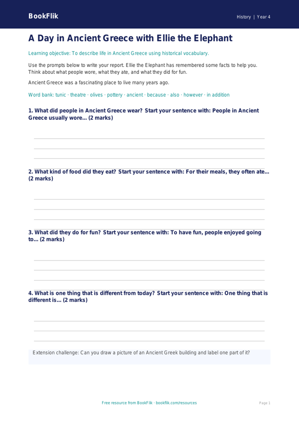 Free Ancient Greece Writing Frame | Year 4 Supported | BookFlik worksheet preview — History Ancient Greece