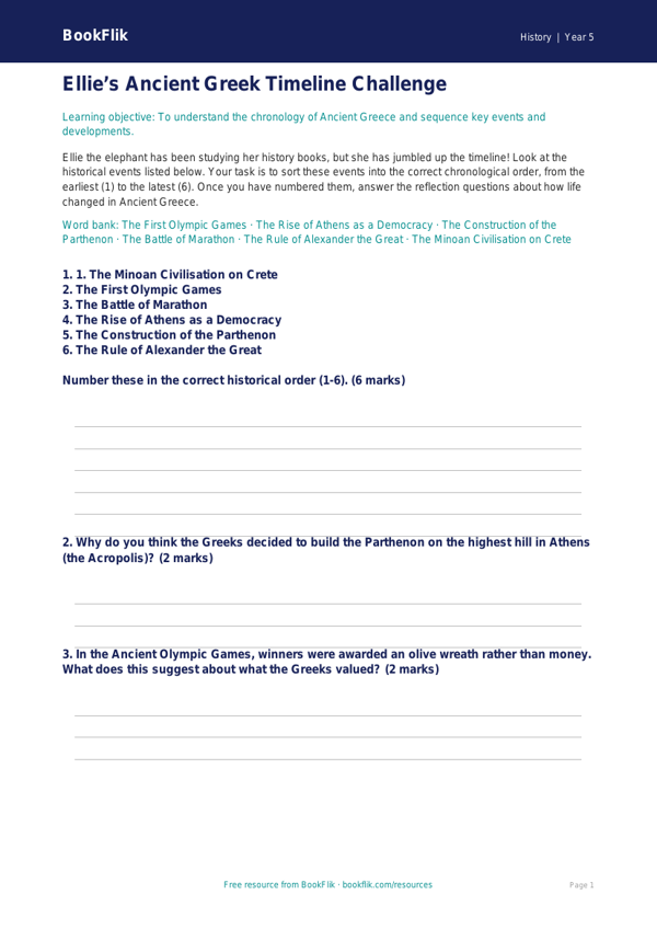 Free Ancient Greece Activity Sheet | Year 5 Core | BookFlik worksheet preview — History Ancient Greece