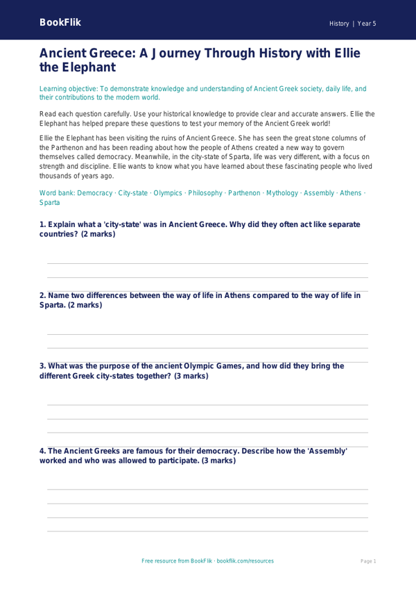 Free Ancient Greece Assessment | Year 5 Core | BookFlik worksheet preview — History Ancient Greece