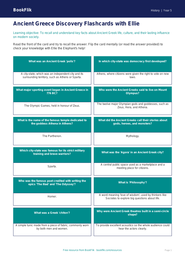 Free Ancient Greece Flashcards | Year 5 Core | BookFlik worksheet preview — History Ancient Greece