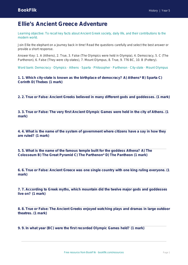 Free Ancient Greece Quiz | Year 5 Core | BookFlik worksheet preview — History Ancient Greece
