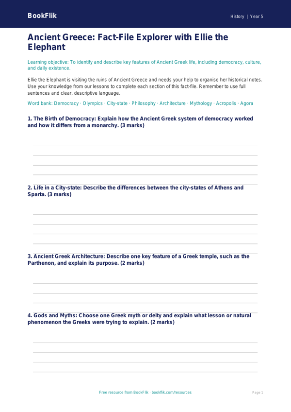 Free Ancient Greece Template | Year 5 Core | BookFlik worksheet preview — History Ancient Greece