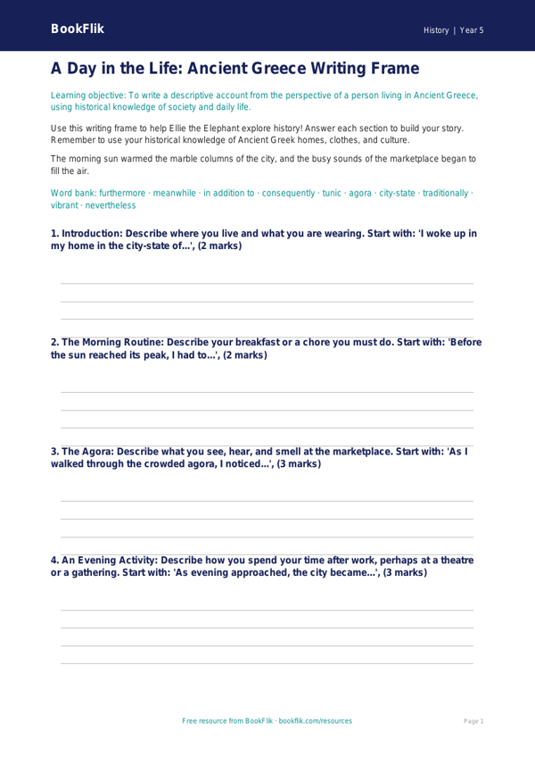 Free Ancient Greece Writing Frame | Year 5 Core | BookFlik worksheet preview — History Ancient Greece