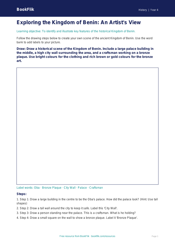 Free Benin Kingdom Drawing Sheet | Year 4 Supported | BookFlik worksheet preview — History Benin Kingdom