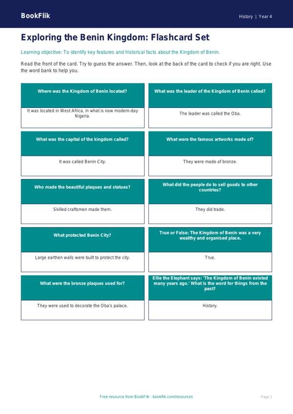 Free Benin Kingdom Flashcards | Year 4 Supported | BookFlik worksheet preview — History Benin Kingdom