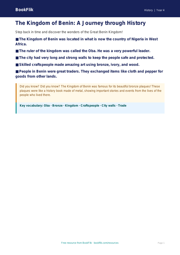 Free Benin Kingdom Poster | Year 4 Supported | BookFlik worksheet preview — History Benin Kingdom