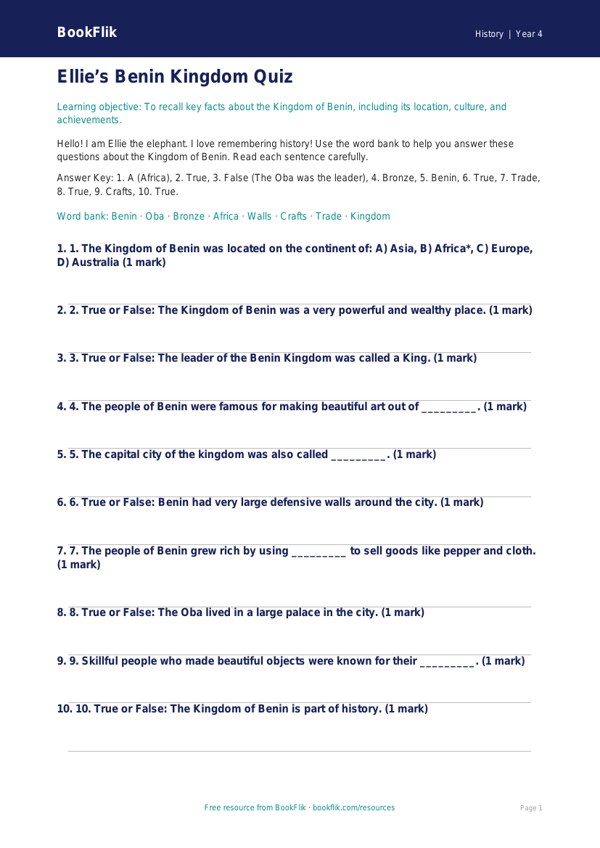 Free Benin Kingdom Quiz | Year 4 Supported | BookFlik worksheet preview — History Benin Kingdom