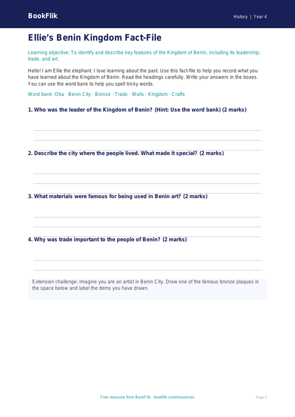 Free Benin Kingdom Template | Year 4 Supported | BookFlik worksheet preview — History Benin Kingdom