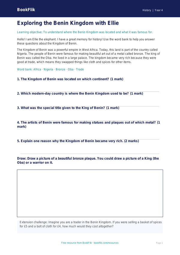 Free Benin Kingdom Worksheet | Year 4 Supported | BookFlik worksheet preview — History Benin Kingdom