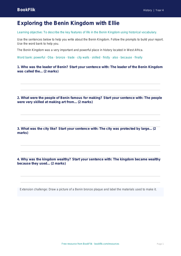 Free Benin Kingdom Writing Frame | Year 4 Supported | BookFlik worksheet preview — History Benin Kingdom
