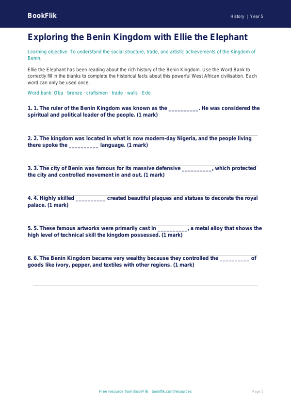 Free Benin Kingdom Activity Sheet | Year 5 Core | BookFlik worksheet preview — History Benin Kingdom