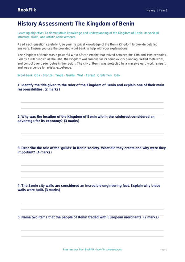 Free Benin Kingdom Assessment | Year 5 Core | BookFlik worksheet preview — History Benin Kingdom