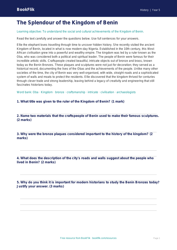 Free Benin Kingdom Comprehension | Year 5 Core | BookFlik worksheet preview — History Benin Kingdom