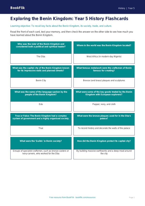 Free Benin Kingdom Flashcards | Year 5 Core | BookFlik worksheet preview — History Benin Kingdom
