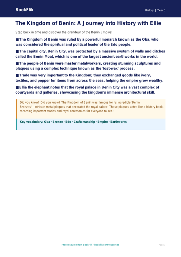 Free Benin Kingdom Poster | Year 5 Core | BookFlik worksheet preview — History Benin Kingdom