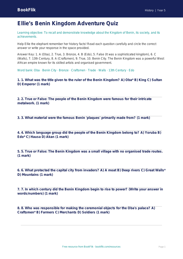 Free Benin Kingdom Quiz | Year 5 Core | BookFlik worksheet preview — History Benin Kingdom