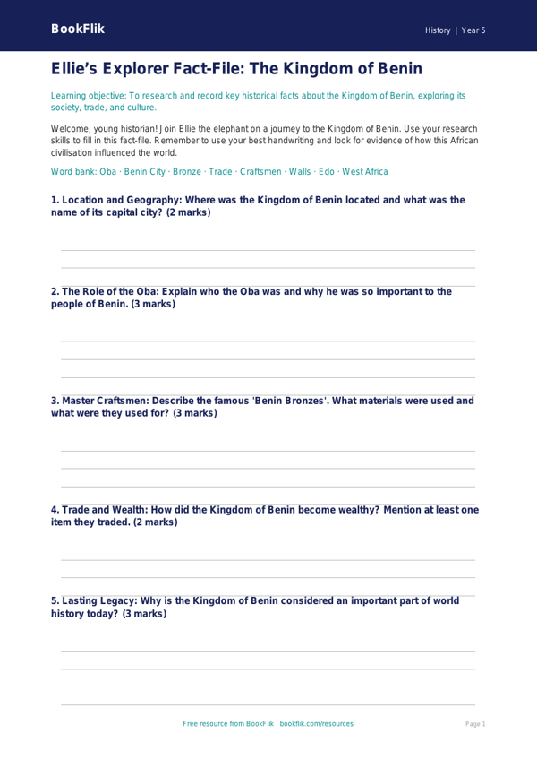 Free Benin Kingdom Worksheet | Year 5 History | BookFlik worksheet preview — History Benin Kingdom