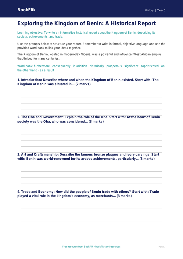 Free Benin Kingdom Writing Frame | Year 5 Core | BookFlik worksheet preview — History Benin Kingdom