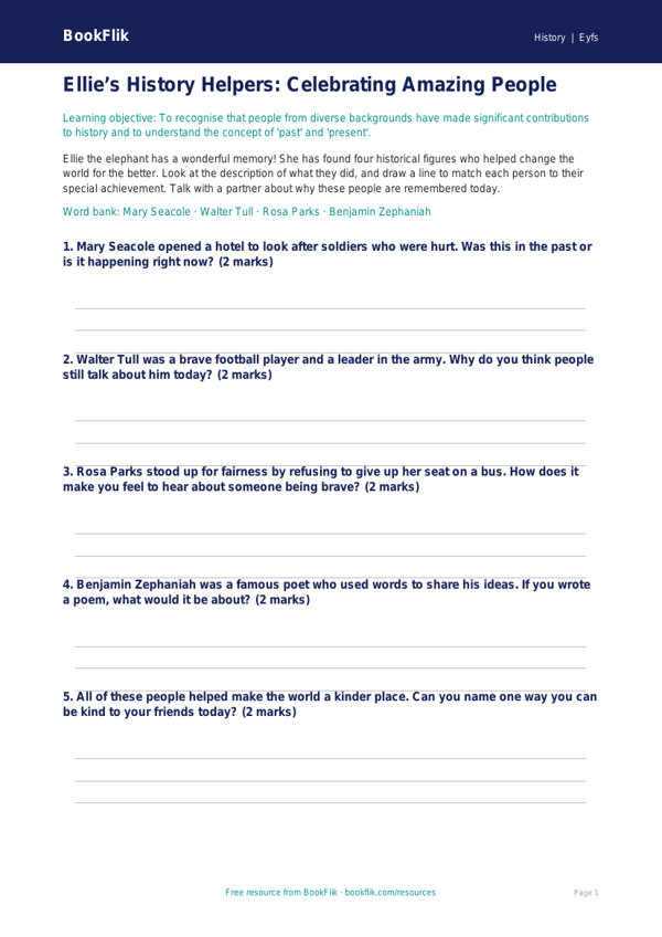 Free Black History Activity Sheet | EYFS Core | BookFlik worksheet preview — History Black History