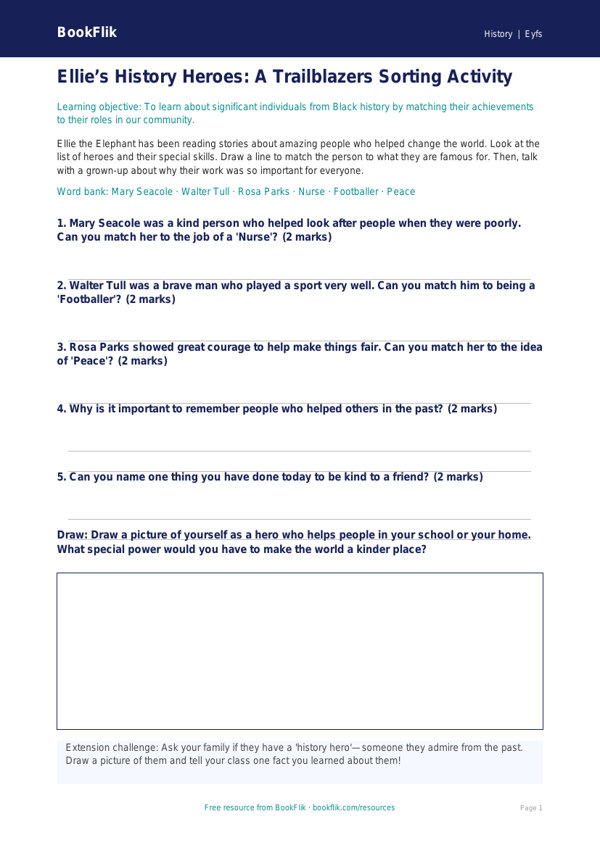 Free Black History Month Activity Sheet | EYFS Core | BookFlik worksheet preview — History Black History Month