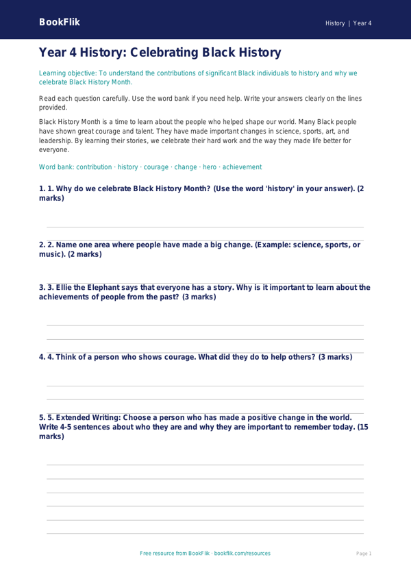 Free Black History Month Assessment | Year 4 Supported | BookFlik worksheet preview — History Black History Month