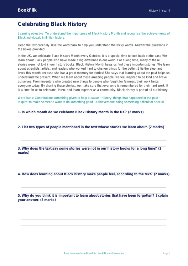 Free Black History Month Comprehension | Year 4 Supported | BookFlik worksheet preview — History Black History Month