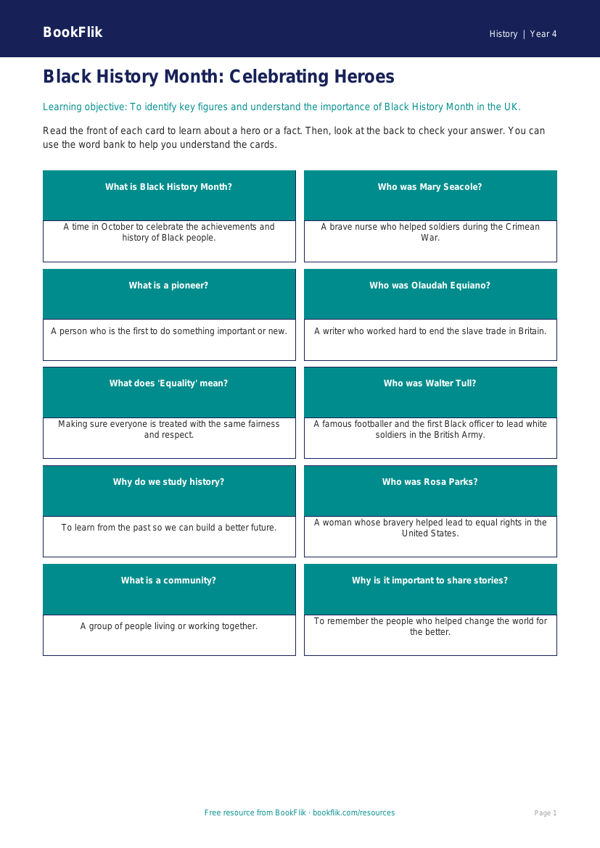 Free Black History Month Flashcards | Year 4 Supported | BookFlik worksheet preview — History Black History Month