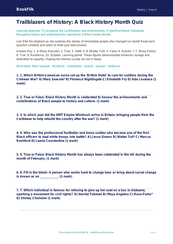 Free Black History Month Quiz | Year 4 Greater Depth | BookFlik worksheet preview — History Black History Month