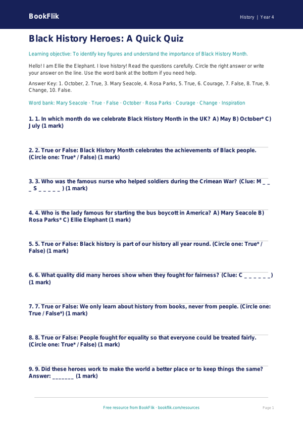 Free Black History Month Quiz | Year 4 Supported | BookFlik worksheet preview — History Black History Month