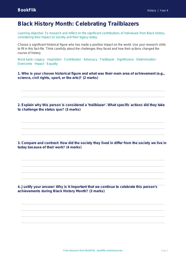 Free Black History Month Template | Year 4 Greater Depth | BookFlik worksheet preview — History Black History Month