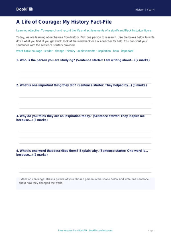 Free Black History Month Template | Year 4 Supported | BookFlik worksheet preview — History Black History Month