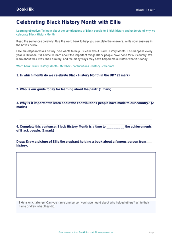 Free Black History Month Worksheet | Year 4 Supported | BookFlik worksheet preview — History Black History Month