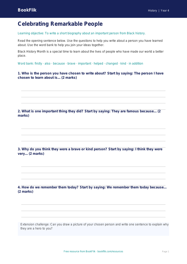 Free Black History Month Writing Frame | Year 4 Supported | BookFlik worksheet preview — History Black History Month
